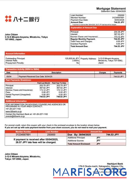 Blank Japan Hachijuni Bank mortgage statement Word and PDF template